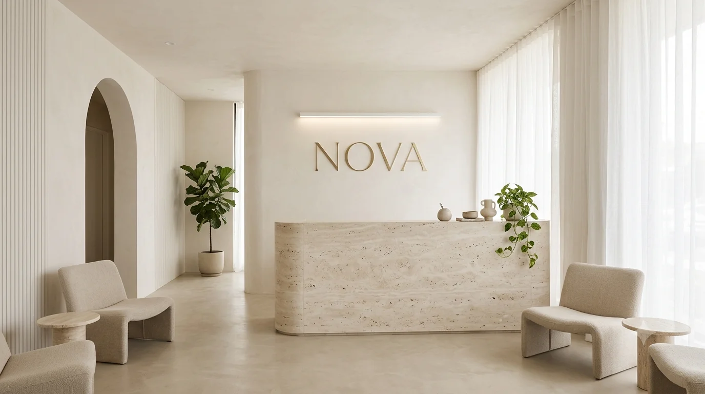 Светлая травертиновая стойка ресепшн клиники NOVA